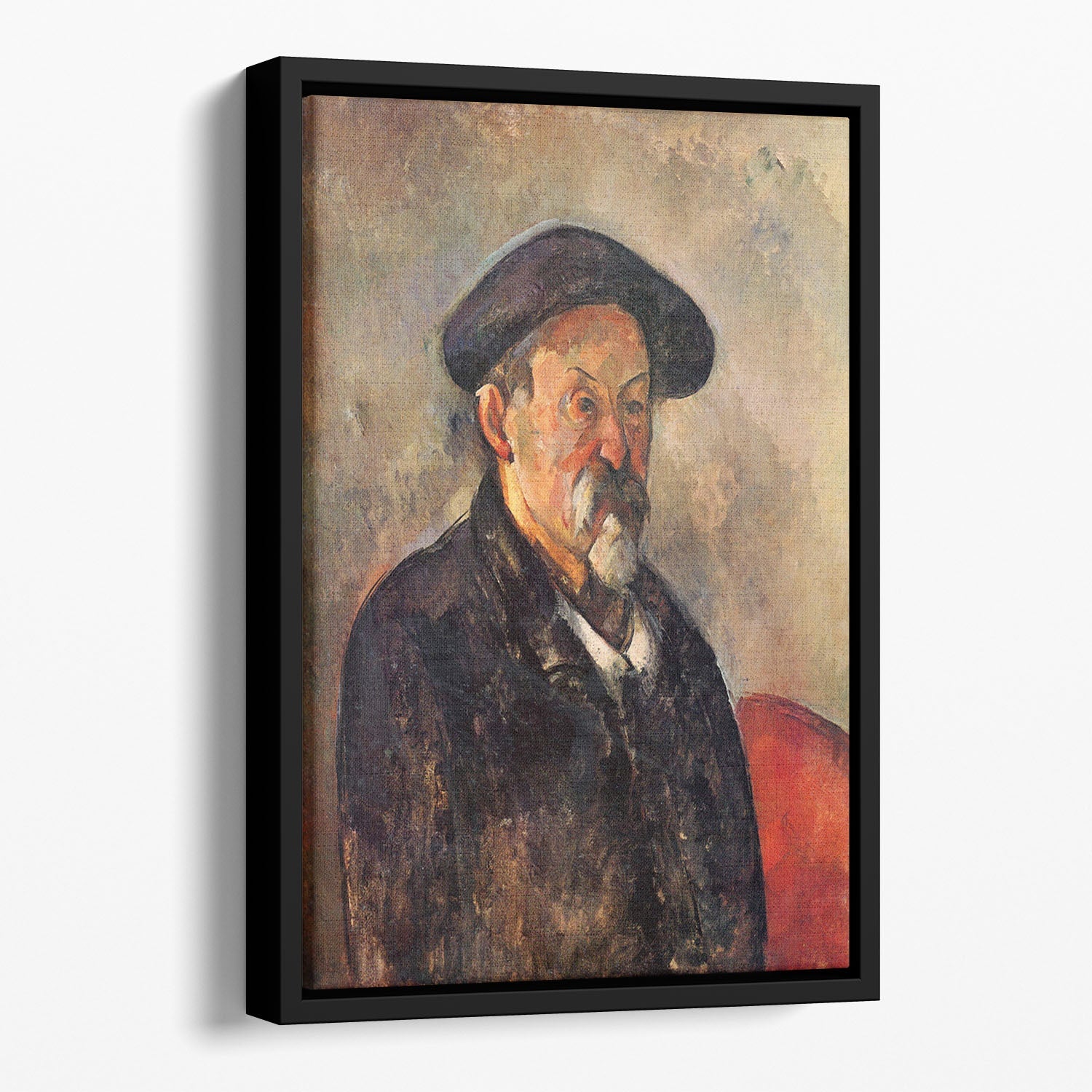 Cezanne's Self Portrait with Beret displayed in an elegant floating frame, showcasing vibrant colors and intricate details.